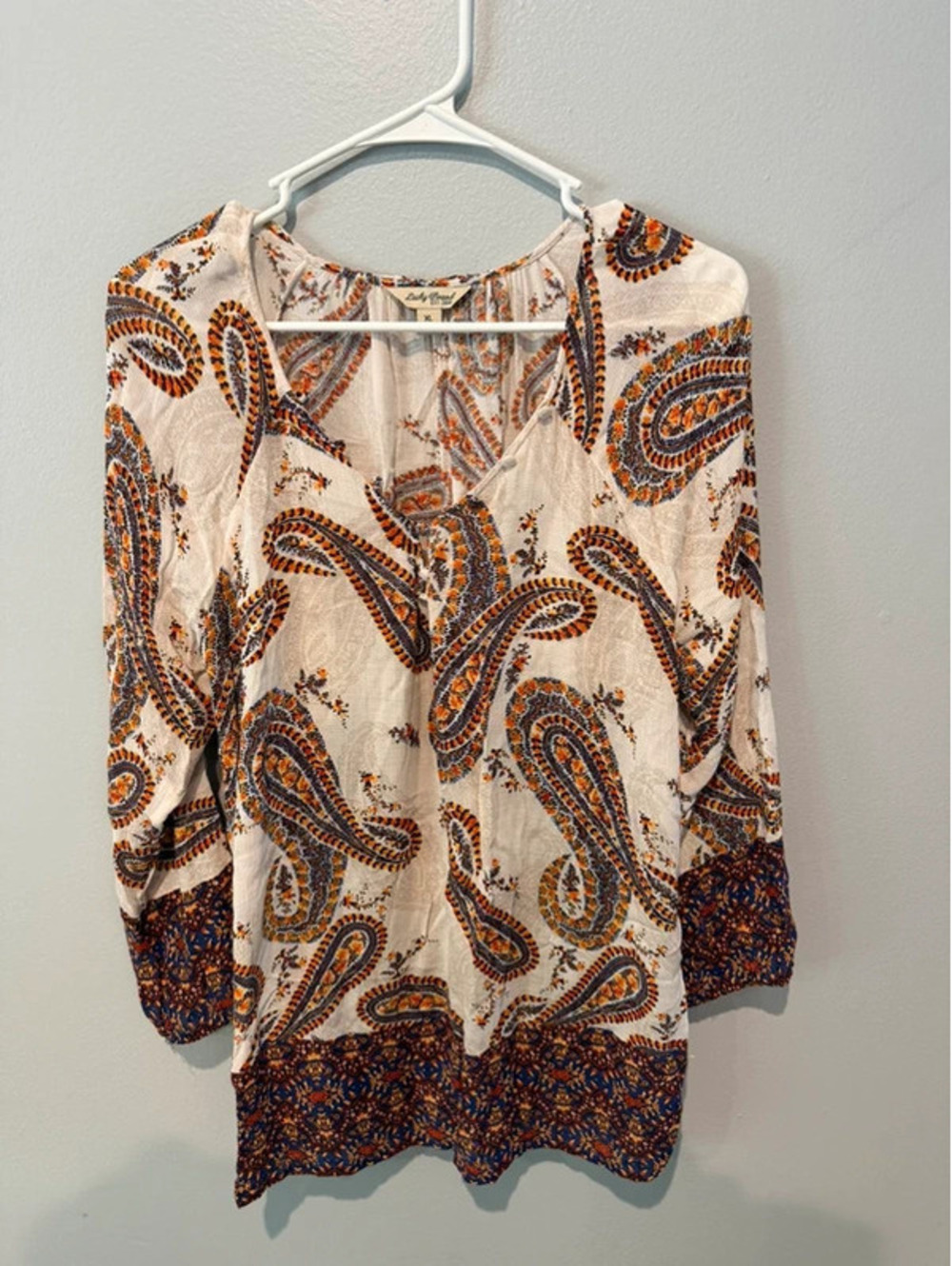 Lucky Brand XL Paisley Border Print Boho Blouse Cream Navy Orange